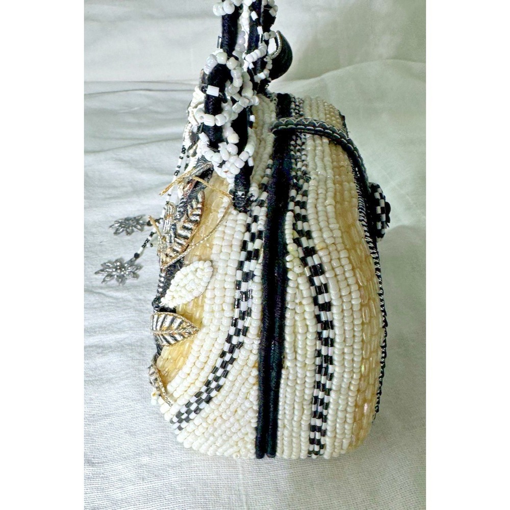 Vintage Mary Frances Beaded Mini Handbag Black White Floral Evening Purse Y2K - Picture 11 of 16